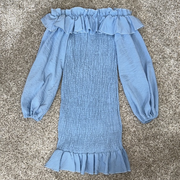 Light Blue Ruched Ruffle Dress - Picture 2 of 10